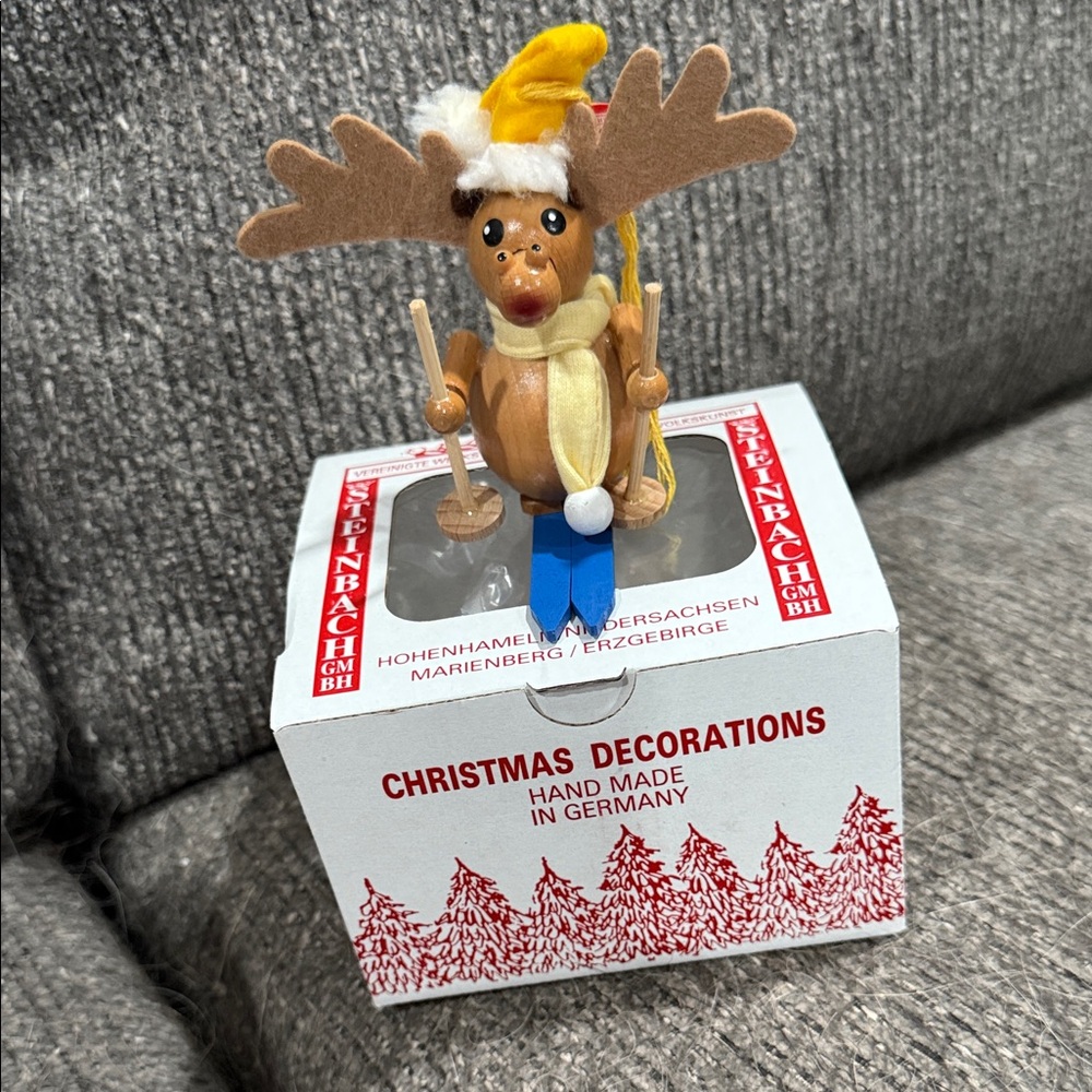 Handmade Wooden Reindeer Ornament with Yellow Hat